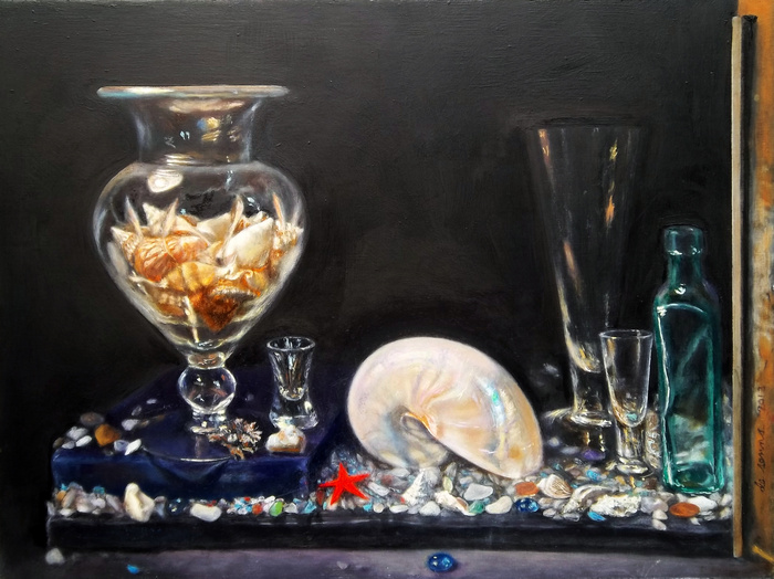 shells and glass, still life by antony de senna alkyd/oil on panel 24" x 18", 61cm x 45.7cm