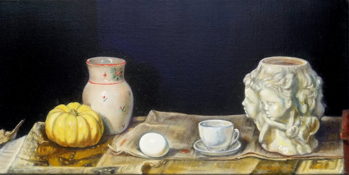 black and white still life by antony de senna alkyd/oil on linen 24" x 12", 61cm x 30.5