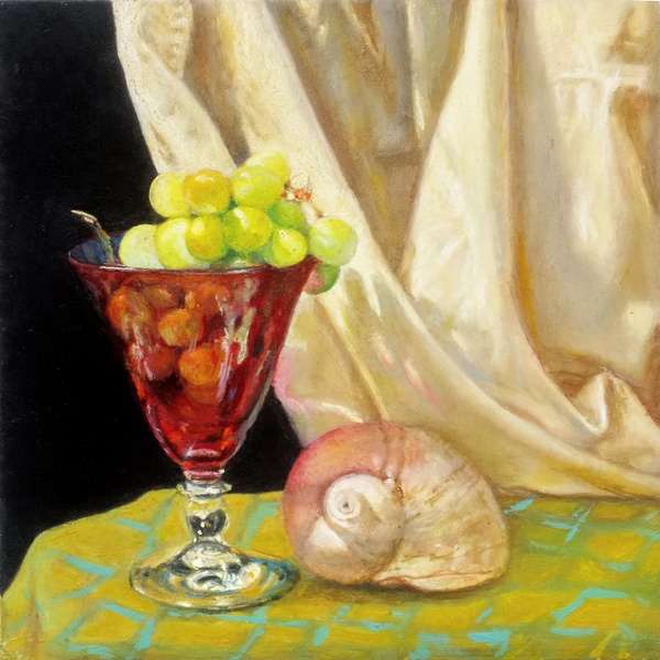 green with grapes still life by antony de senna alkyd/oil on panel 8" x 8", 23cm x 23cm