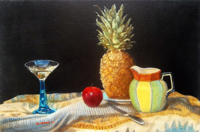 cocktail still life by antony de senna alkyd/oil on canvas 27" x 18", 68.6cm x 45.7cm