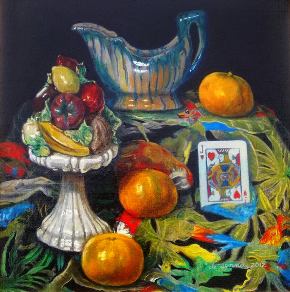 fiesta still life by antony de senna oil medium on linen 12" x 12", 30.5cm x 30.5cm